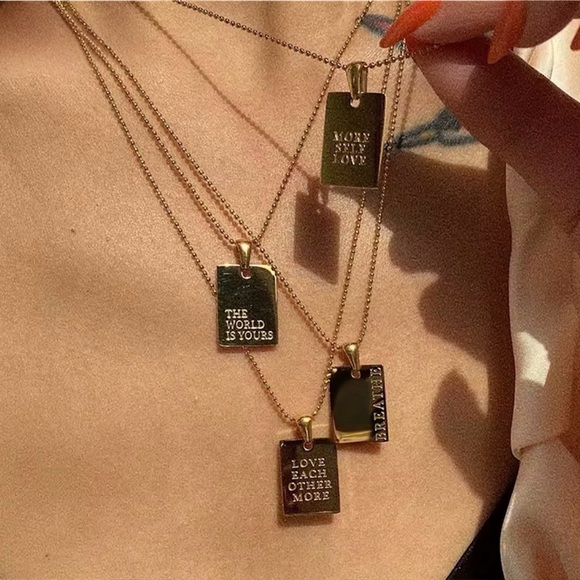 New 18k Gold Steel "Breathe" Tag Statement Square Pendant Necklace - Picture 2 of 5